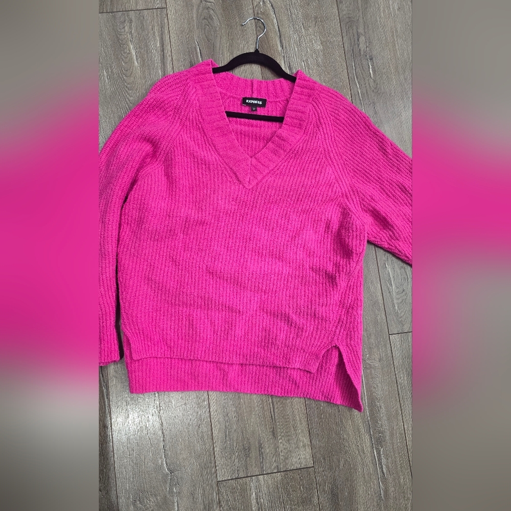 Express Women's Bright Pink Oversized V-Neck Sweater
